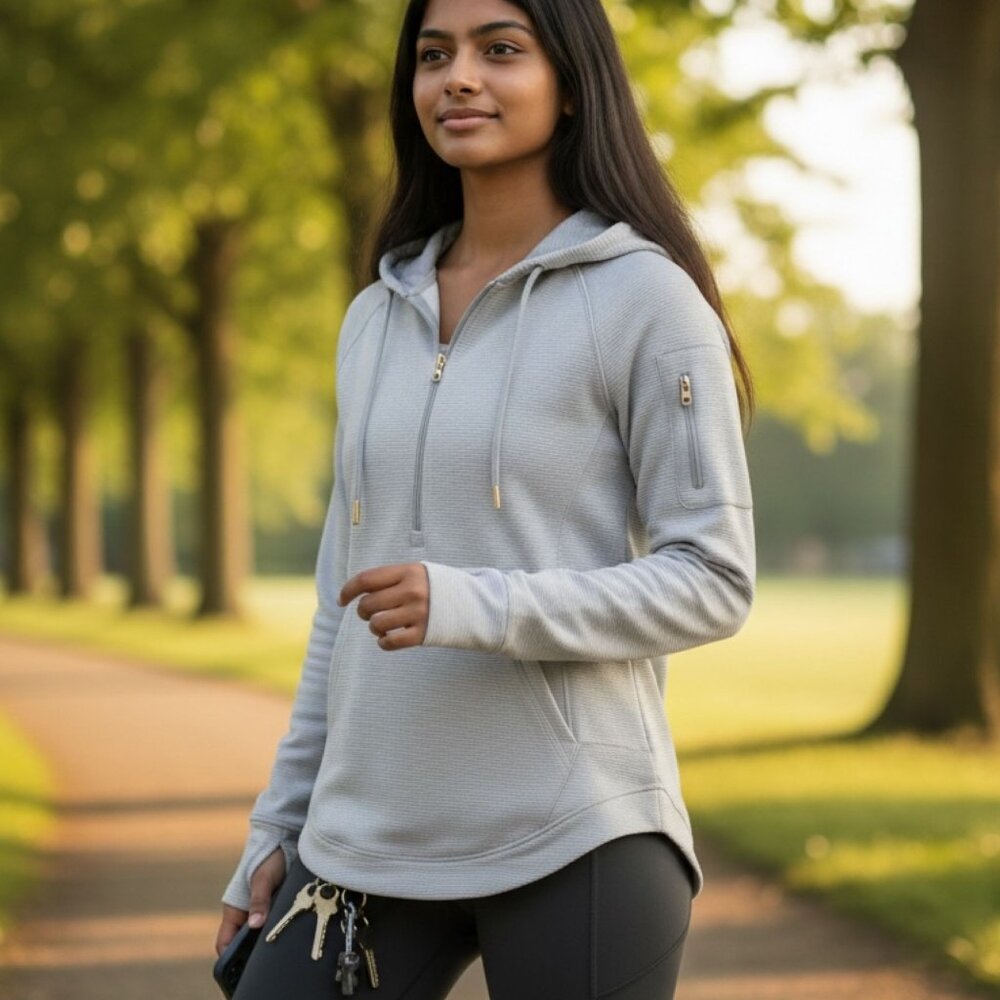 Athleta Hoodie Pullover Medium Gray Stripe 1/2 Zip Thumbholes Activewear Size M